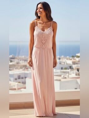 Dina Be Pink Crinkle Gauze Lace Maxi Dress Medium Elastic Waist Boho Beach Style